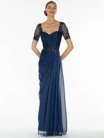 Dunkelblaues Brautmutterkleid Trägerlose Kurzarm A-Linie Chiffon Spitze Plissee Bodenlange Gastkleider Für Hochzeit