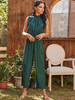 Dunkelgrüner Overall für Frauen Ärmelloses; plissiertes; übergroßes Sommer-Einteiler-Outfit mit hohem Kragen und hohem Kragen