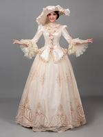 Ecru Weiß Retro Kostüme Damen Blumendruck Blumen Rüschen Polyester Marie Antoinette Kostüm Tunika Hut Kleid Vintage Vintage Kleidung