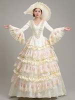 Ecru Weiß Retro Kostüme Spitze Polyester Blumendruck Kleid Damen Vintage Marie Antoinette Kostüm Tunika Kostüm aus dem 18. Jahrhundert