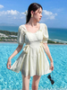 Ecru White Lolita Outfits Lace Up Rüschen Kurze Ärmel Top Hose Badeanzug