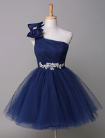 Eine Schulter Ballkleid kurz Marine Chiffon Falten Bördeln Bow Tüll Mini Homecoming Kleid