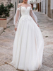 Einfache Brautkleider 2022 A Linie Illusion Neck Langarm Spitze Applique Tüll Boho Brautkleider