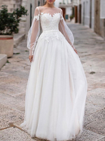 Einfache Brautkleider 2022 A Linie Illusion Neck Langarm Spitze Applique Tüll Boho Brautkleider