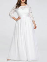 Einfache Brautkleider in Übergröße aus Spitze; Chiffon; bodenlang; 3/4-Ärmel; Schärpe; Juwelenhals; Strand-Brautkleider