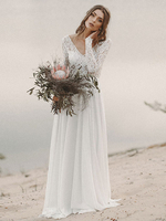 Einfache Hochzeitskleid eine Linie V-Ausschnitt Langarm bodenlangen Chiffon Spitze Brautkleider