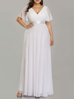 Einfache Hochzeitskleid mit V-Ausschnitt kurzen Ärmeln eine Linie bodenlangen Chiffon-Schärpe plus size Brautkleider mit Sweep Zug