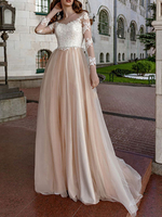 Einfaches Brautkleid 2021 eine Linie V-Ausschnitt Langarm Spitze Applique Tüll Brautkleider Strand Brautkleider