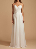 Einfaches Brautkleid 2022 A Linie V-Ausschnitt Träger Ärmellos Spitze Chiffon Strand Brautkleider mit Schleppe