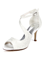 Elegante Brautschuhe weiße Spitze offene Zehe Pfennigabsatz Hochzeitsschuhe
