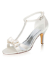 Elegante Hochzeitsschuhe Elfenbein Satin T-Typ Sandalen Pfennigabsatz Brautschuhe mit Schleife