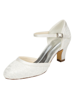 Elegante zweiteilige Hochzeitsschuhe Weiße Spitze Runde Zehen Chunky Heel Brautschuhe