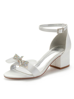 Elfenbein Brautjungfernschuhe Satin Hochzeitsschuhe Open Toe Rhinestones Chunky Heel Sandalen