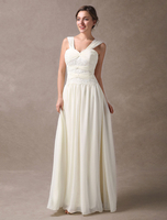 Elfenbein Brautkleider Lace Chiffon Straps Twisted Bodenlangen Brautkleider