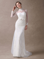 Elfenbein Brautkleider Mermaid Spitze Stehkragen Langarm Illusion Sweetheart Neck Bow Sash Brautkleider mit Zug