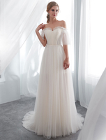 Elfenbein Brautkleider Schulterfrei Halbe Hülse Tulle Beach Strand Brautkleid mit Zug