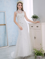 Elfenbein Brautkleider Spitze Applique Mermaid Bridal Dress Sicke Stehkragen Open Back Brautkleid mit Zug