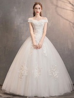 Elfenbein Brautkleider Tüll aus der Schulter Spitze Applique bodenlangen Prinzessin Brautkleid