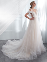 Elfenbein Brautkleider Tüll Backless Illusion Cold Shoulder Perlen Zug Brautkleid