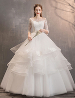 Elfenbein Brautkleider Tüll Illusion Ausschnitt halbe Ärmel bodenlangen Prinzessin Brautkleid