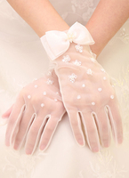 Elfenbein Hochzeit Handschuhe kurze Tüll Fingerspitzen Blumen Perlen Braut Handschuhe mit Schleife