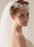Elfenbein Hochzeit Schleier Tüll 1-Tier Schnittkante Brautschleier mit edelsteinbesetzten Spitze Krone