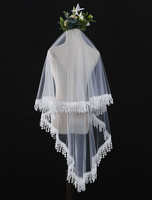 Elfenbein Hochzeit Schleier Tüll One Tier Spitze Applique Brautschleier