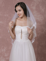 Elfenbein Hochzeit Schleier Tüll Zweiklassen Spitze Applique Rand Brautschleier