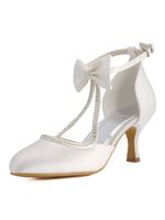 Elfenbein Hochzeit Schuhe Satin Runde Zehe Strass Bow Vintage Brautschuhe