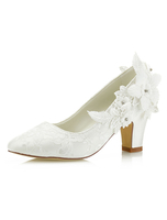 Elfenbein Hochzeit Schuhe Spitze Spitz Blumen Perlen Chunky Heel Brautschuhe