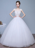 Elfenbein Hochzeitskleider a-Linie Spitze Applique Runde Hals Schlüsselloch Stock Länge Günstiges Brautkleider