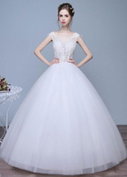 Elfenbein Hochzeitskleider a-Linie Spitze Applique Runde Hals Schlüsselloch Stock Länge Günstiges Brautkleider