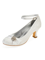 Elfenbein Hochzeitsschuhe 2020 Spitze runde Zehe Strasssteine Fesselriemen Brautschuhe