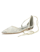 Elfenbein Hochzeitsschuhe Mesh Spitze Zehe Blumendetail Lace Up Brautschuhe Flache Brautjungfer Schuhe