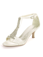 Elfenbein Hochzeitsschuhe Satin Open Toe Strass Kätzchen Absatz Brautschuhe