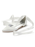 Elfenbein Hochzeitsschuhe Satin spitzen Zehen Schnüren flache Brautschuhe Brautjungfernschuhe