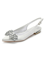 Elfenbein Hochzeitsschuhe Satin spitzen Zehen Strass Flache 0;6 "Brautschuhe