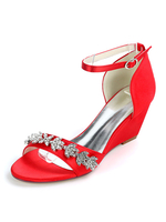 Elfenbein Hochzeitsschuhe Satin Strass Open Toe Wedge Heel Brautschuhe