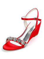 Elfenbein Hochzeitsschuhe Satin Strass Open Toe Wedge Heel Brautschuhe