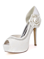 Elfenbein Hochzeitsschuhe Spitze Plattform Peep Toe Strass High Heel Brautschuhe