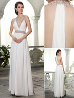 Etui-Brautkleid aus Chiffon mit V-Ausschnitt und Perlen-Applikation bodenlang in Elfenbeinfarbe Milanoo