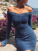 Etuikleid Blau Kleider Denim im schicken & modischen Style Langarm mit Carmenausschnitt und Reißverschluss