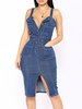 Etuikleid Blau Kleider Denim im schicken & modischen Style ärmellos Damenmode mit Trägern und Schlitz an der Front für Sommer