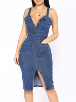 Etuikleid Blau Kleider Denim im schicken & modischen Style ärmellos Damenmode mit Trägern und Schlitz an der Front für Sommer