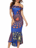 Etuikleid Blau Kleider mit Print Polyester im casualen Stil Damenmode ärmellos und Bateau-Kragen und Rüschen für Sommer