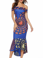 Etuikleid Blau Kleider mit Print Polyester im casualen Stil Damenmode ärmellos und Bateau-Kragen und Rüschen für Sommer