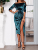 Etuikleid Blau Kleider Velours im schicken & modischen Style 3/4 Ärmel Damenmode mit Carmenausschnitt und Falten für Sommer