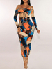 Etuikleid Blaugrün Kleider mit Print Polyester im sexyen Style Damenmode Langarm und Carmenausschnitt und Schlitz an der Front