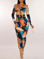 Etuikleid Blaugrün Kleider mit Print Polyester im sexyen Style Damenmode Langarm und Carmenausschnitt und Schlitz an der Front