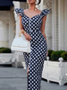 Etuikleid Dunkelmarineblau Kleider mit Polka-Tupfen Polyester lang Damenmode im schicken & modischen Style V-Ausschnitt und Knöpfen für Sommer